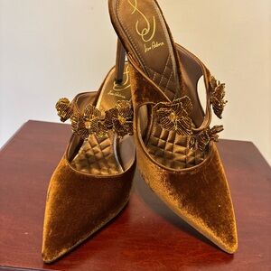 Loeffler Randall Bronze Velvet Pointed-Toe Mules with Floral Embellishments